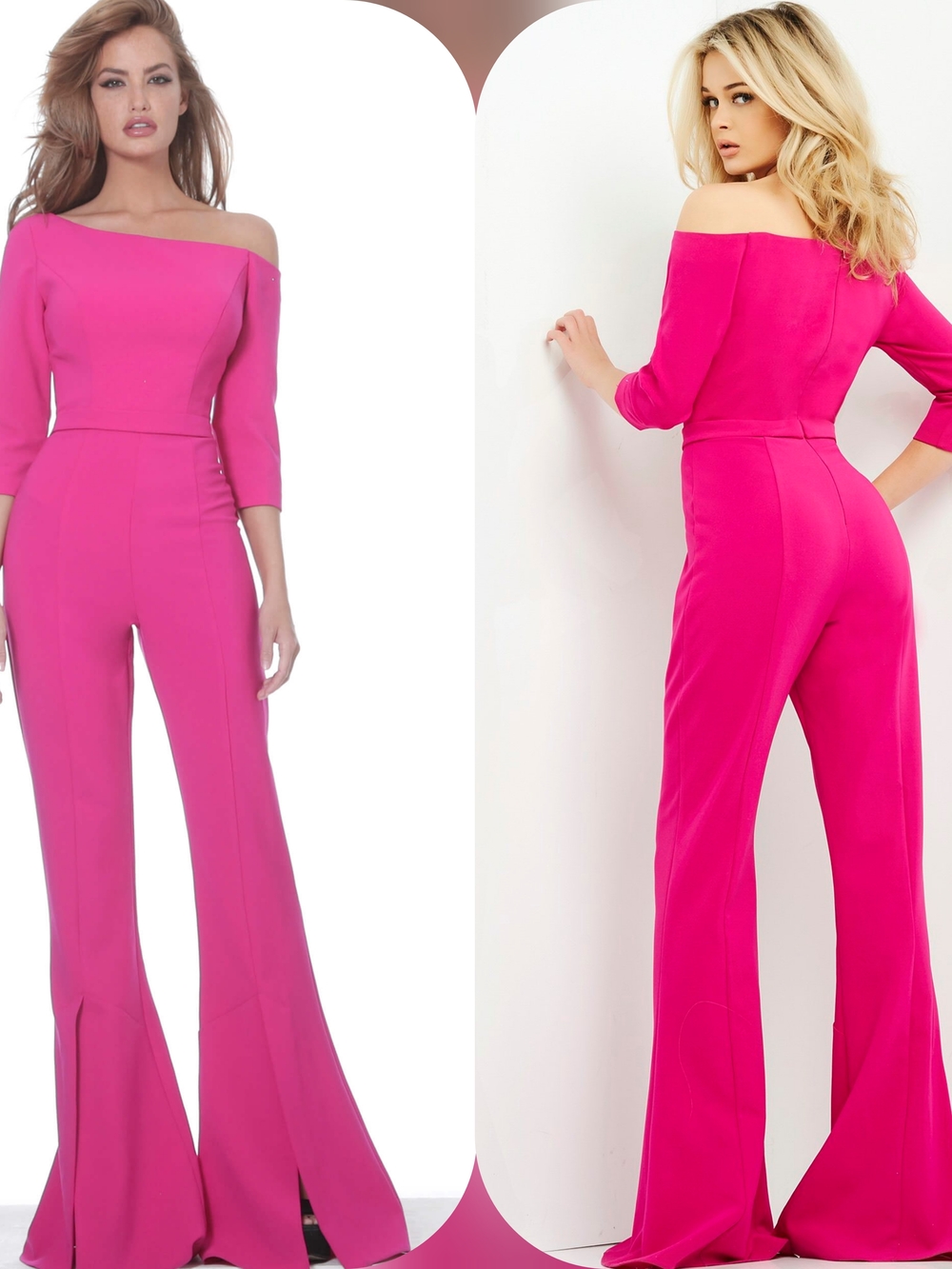 Jovani Off-Shoulder Hot Pink Boot-Cut Jumpsuit